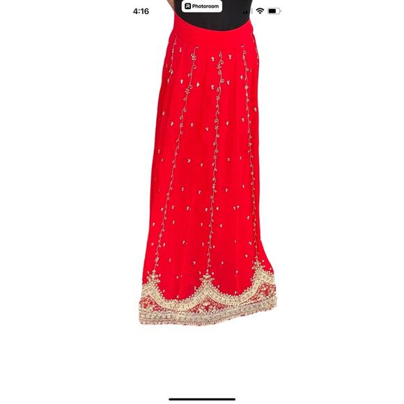 Vintage Red Chiffon Beaded Sequins Prairie Boho Maxi Skirt Crinkled Size Medium - Picture 1 of 5